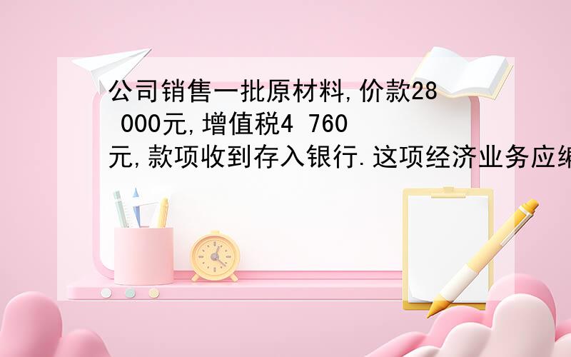 公司销售一批原材料,价款28 000元,增值税4 760元,款项收到存入银行.这项经济业务应编制的会计分录如下：借：银行存款 32 760贷：其他业务收入 28 000应交税费 4 760请问销售原材料固定资产不