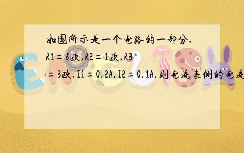 如图所示是一个电路的一部分,R1=5欧,R2=1欧,R3=3欧,I1=0.2A,I2=0.1A,则电流表侧的电流为多少?方向?R1上的电压降U1=I1*R1=0.2*5=1VR2上的电压降U2=I2*R2=0.1*1=0.1V可知R3俩端的电压U3=1-0.1=0.9VI3=U3/R3=0.9/3=0.3A 方