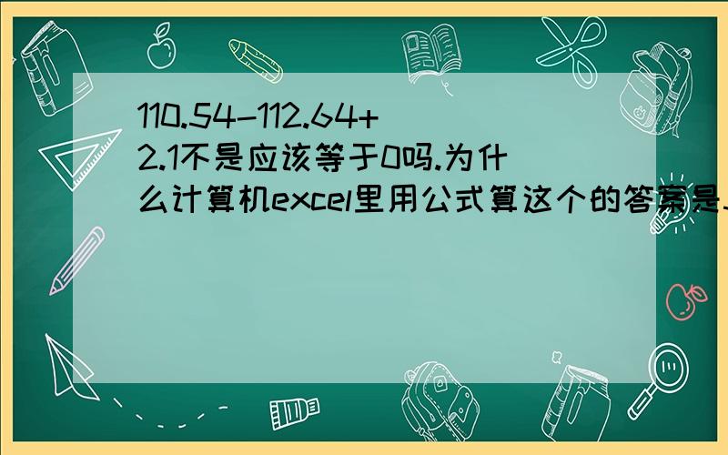 110.54-112.64+2.1不是应该等于0吗.为什么计算机excel里用公式算这个的答案是5.77316E-15