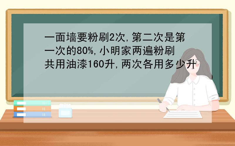 一面墙要粉刷2次,第二次是第一次的80%,小明家两遍粉刷共用油漆160升,两次各用多少升