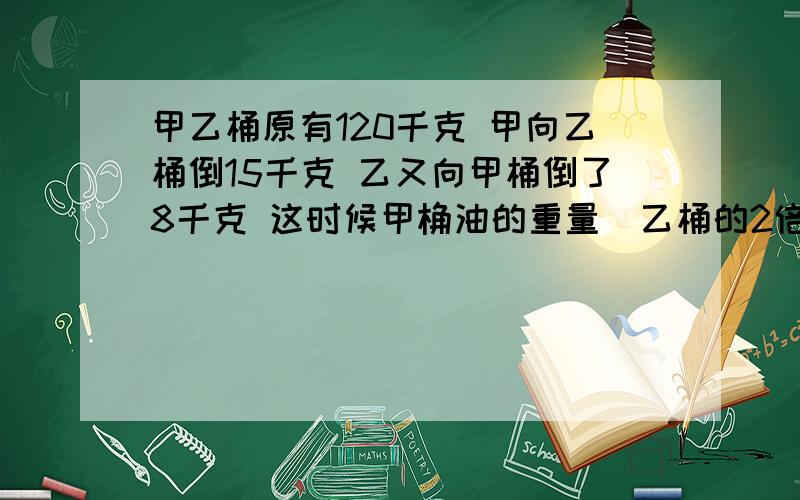 甲乙桶原有120千克 甲向乙桶倒15千克 乙又向甲桶倒了8千克 这时候甲桷油的重量旵乙桶的2倍 甲 乙两桶甲乙桶原有120千克 甲向乙桶倒15千克 乙又向甲桶倒了8千克 这时候甲桷油的重量旵乙桶