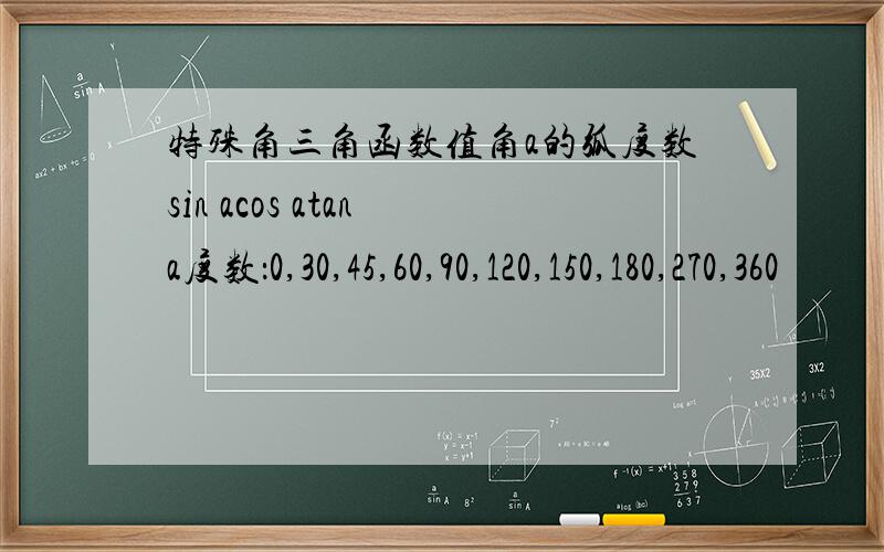 特殊角三角函数值角a的弧度数sin acos atan a度数：0,30,45,60,90,120,150,180,270,360