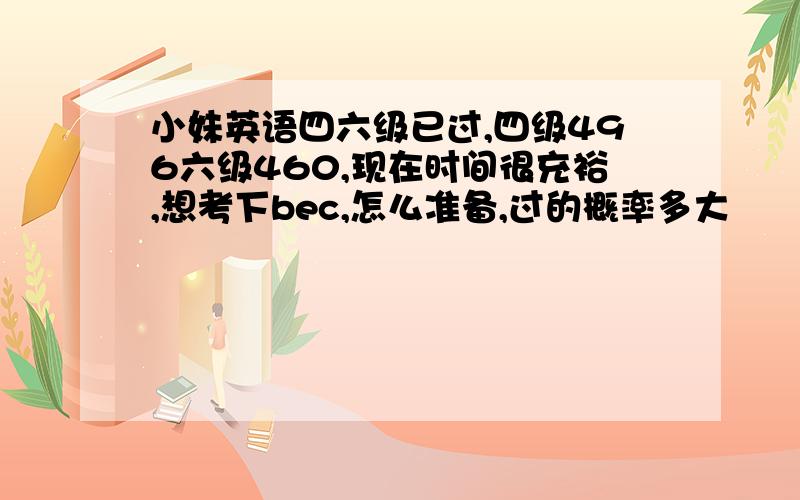 小妹英语四六级已过,四级496六级460,现在时间很充裕,想考下bec,怎么准备,过的概率多大