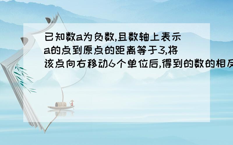 已知数a为负数,且数轴上表示a的点到原点的距离等于3,将该点向右移动6个单位后,得到的数的相反数为?