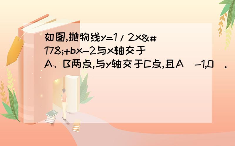 如图,抛物线y=1/2x²+bx-2与x轴交于A、B两点,与y轴交于C点,且A（-1,0）.（1）求抛物线解析式及顶点坐标；（2）判断△ABC的形状,证明你的结论（3）点M（m,0）是x轴上的一个动点,当CM+DM得值最小