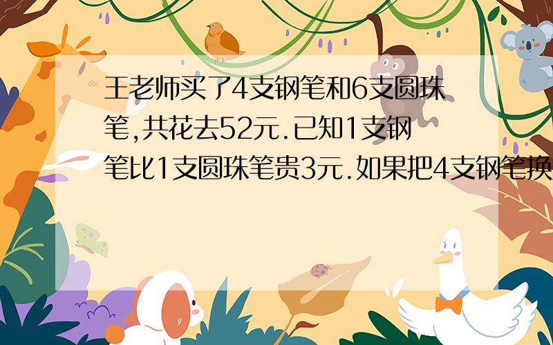 王老师买了4支钢笔和6支圆珠笔,共花去52元.已知1支钢笔比1支圆珠笔贵3元.如果把4支钢笔换成圆珠笔,4支钢笔比4支圆珠笔要多用多少元?如果把6支圆珠笔换成钢笔,6支圆珠笔比支钢笔要少用多