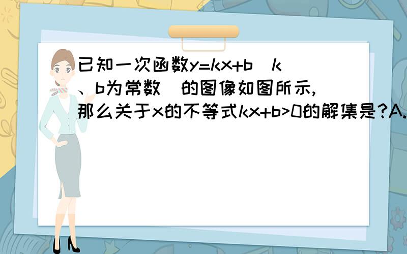 已知一次函数y=kx+b（k、b为常数）的图像如图所示,那么关于x的不等式kx+b>0的解集是?A.x>0B.x