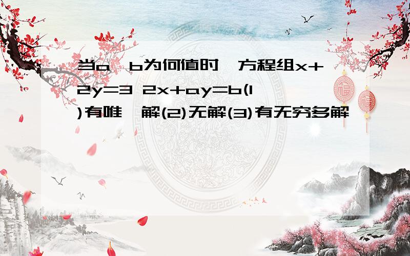 当a,b为何值时,方程组x+2y=3 2x+ay=b(1)有唯一解(2)无解(3)有无穷多解