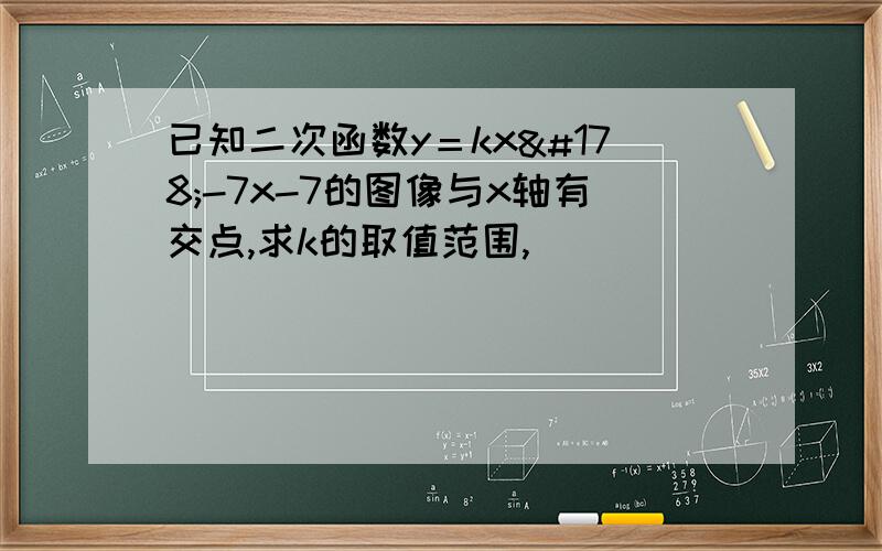 已知二次函数y＝kx²-7x-7的图像与x轴有交点,求k的取值范围,