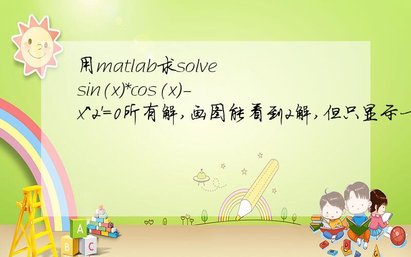 用matlab求solve sin(x)*cos(x)-x^2'＝0所有解,画图能看到2解,但只显示一解