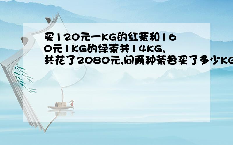 买120元一KG的红茶和160元1KG的绿茶共14KG,共花了2080元,问两种茶各买了多少KG