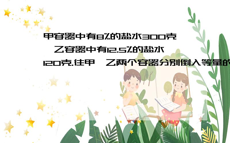 甲容器中有8%的盐水300克,乙容器中有12.5%的盐水120克.往甲、乙两个容器分别倒入等量的水,使两个容器中盐水的浓度一样.每个容器应倒入水多少克?