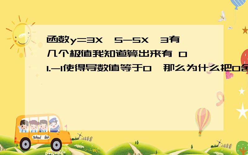 函数y=3X^5-5X^3有几个极值我知道算出来有 0 1.-1使得导数值等于0,那么为什么把0舍去?是怎么舍去的?麻烦赐教谢谢·