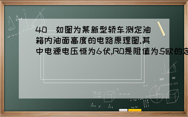 40．如图为某新型轿车测定油箱内油面高度的电路原理图.其中电源电压恒为6伏,R0是阻值为5欧的定值电阻,A是油量指示表（实质是一只电流表,油量的变化通过电流的变化同步显示出来）.Rx为