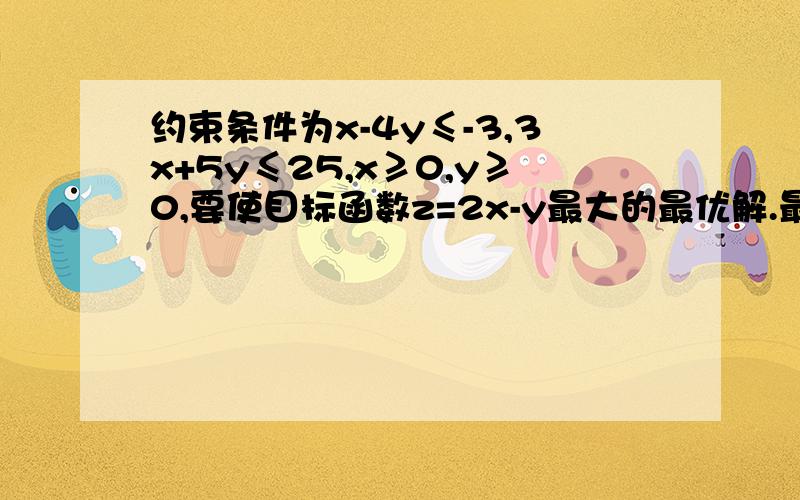 约束条件为x-4y≤-3,3x+5y≤25,x≥0,y≥0,要使目标函数z=2x-y最大的最优解.最好有图.