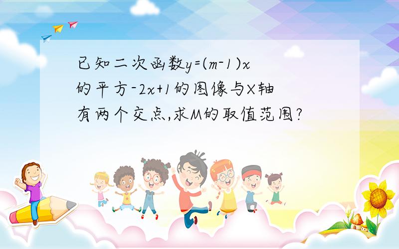 已知二次函数y=(m-1)x的平方-2x+1的图像与X轴有两个交点,求M的取值范围?