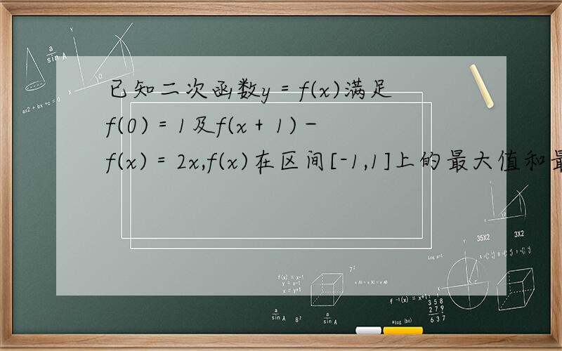 已知二次函数y＝f(x)满足f(0)＝1及f(x＋1)－f(x)＝2x,f(x)在区间[-1,1]上的最大值和最小值是多少.