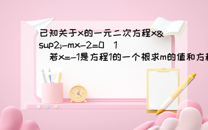 已知关于x的一元二次方程x²-mx-2=0（1）若x=-1是方程1的一个根求m的值和方程