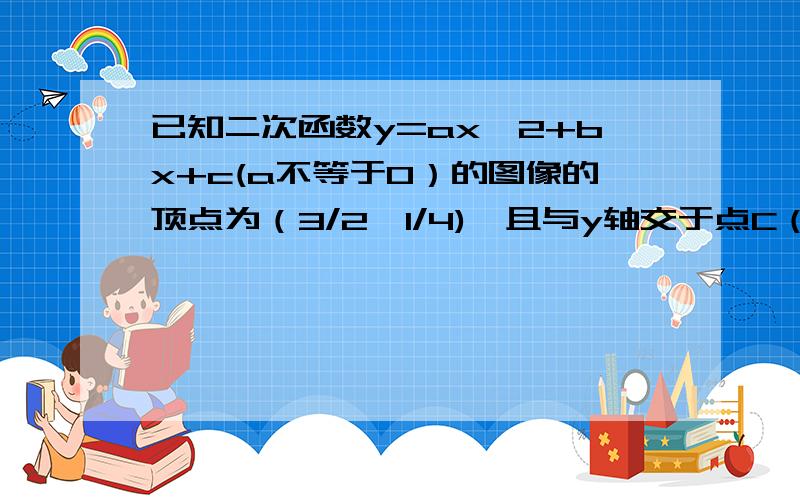 已知二次函数y=ax^2+bx+c(a不等于0）的图像的顶点为（3/2,1/4),且与y轴交于点C（0,-2）,与x轴交于A,B两点（点A在B左侧）,直线x=m(m>2)与x轴交于点D,求二次函数解析式?