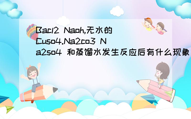 Bacl2 Naoh,无水的Cuso4.Na2co3 Na2so4 和蒸馏水发生反应后有什么现象或者没有现象.生成物质的化学式 分别是什么.无则不写.