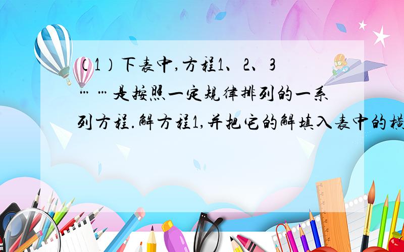 （1）下表中,方程1、2、3……是按照一定规律排列的一系列方程.解方程1,并把它的解填入表中的横线处.（2）关于x的方程a/x-1/(x-b)=1(a>b)的根是x1=6,x2=10,求a、b的值；再指出这个方程是不是题（1