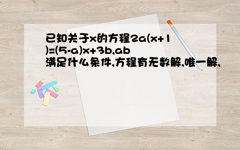 已知关于x的方程2a(x+1)=(5-a)x+3b,ab满足什么条件,方程有无数解,唯一解,