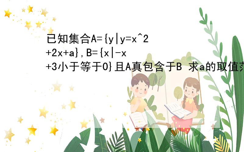 已知集合A={y|y=x^2+2x+a},B={x|-x+3小于等于0}且A真包含于B 求a的取值范围