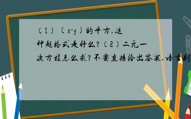 （1） (x-y)的平方,这种题格式是什么?（2）二元一次方程怎么求?不要直接给出答案,语言别太深奥.