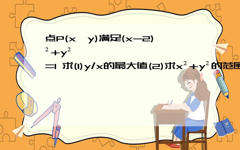 点P(x,y)满足(x-2)²+y²=1 求(1)y/x的最大值(2)求x²+y²的范围(3)y-x的最小值要完整过程,