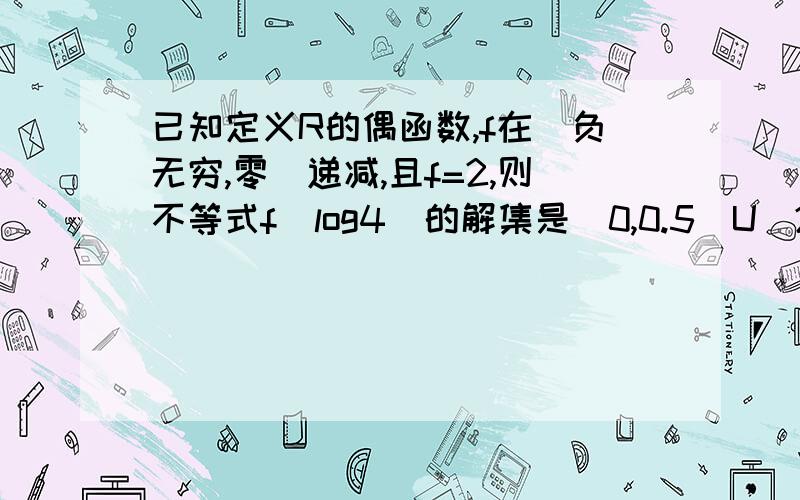 已知定义R的偶函数,f在（负无穷,零］递减,且f=2,则不等式f(log4)的解集是（0,0.5）U（2,...已知定义R的偶函数,f在（负无穷,零］递减,且f=2,则不等式f(log4)的解集是（0,0.5）U（2,正无穷）为什么,是