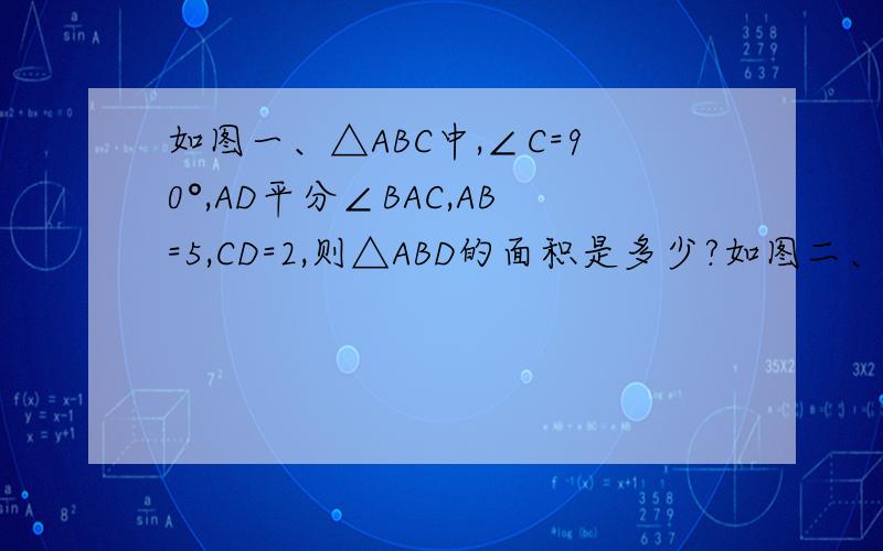 如图一、△ABC中,∠C=90°,AD平分∠BAC,AB=5,CD=2,则△ABD的面积是多少?如图二、沿AM折叠,使D点落在BC上,若AD=7cm,DM=5cm,∠DAM=30°,则MN=多少cm,∠NAM=多少cm?