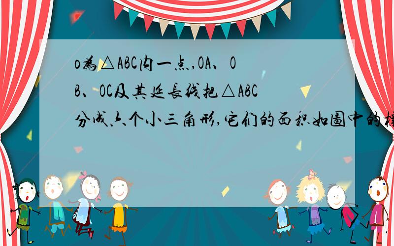 o为△ABC内一点,OA、OB、OC及其延长线把△ABC分成六个小三角形,它们的面积如图中的标示,求S△ABC.