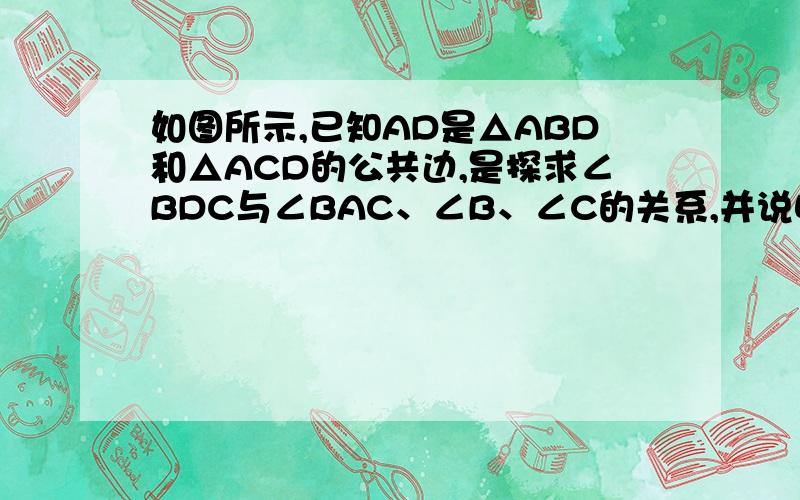 如图所示,已知AD是△ABD和△ACD的公共边,是探求∠BDC与∠BAC、∠B、∠C的关系,并说明理由