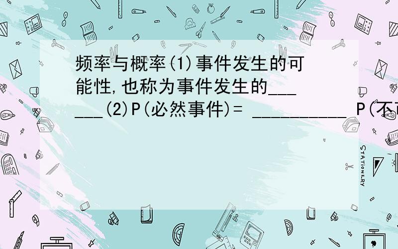 频率与概率(1)事件发生的可能性,也称为事件发生的______(2)P(必然事件)= __________ P(不可能事件)= ______设A为不确定事件,则P(A)满足_________