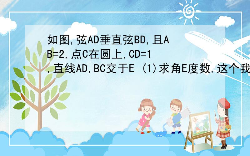 如图,弦AD垂直弦BD,且AB=2,点C在圆上,CD=1,直线AD,BC交于E (1)求角E度数,这个我求了（2）如果C,D在圆O上运动,且保持CD的长度不变,那么直线AD,BC相交所成的锐角大小是否改变?说明理由