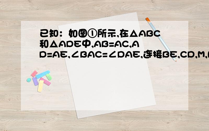 已知：如图①所示,在△ABC和△ADE中,AB=AC,AD=AE,∠BAC=∠DAE,连接BE,CD,M,N分别为BE,CD的中点.(1)当点B、A、D在一条直线上,试说明：BE=CD；(2)将△ADE绕点A按顺时针方向旋转180°,其他条件不变,得到图二