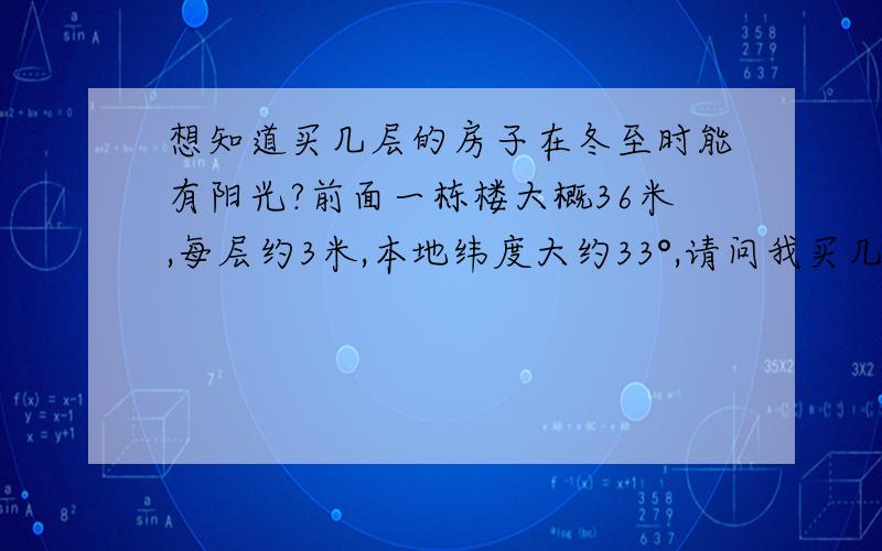 想知道买几层的房子在冬至时能有阳光?前面一栋楼大概36米,每层约3米,本地纬度大约33°,请问我买几层能不被前楼挡阳光?怎么算的恩?