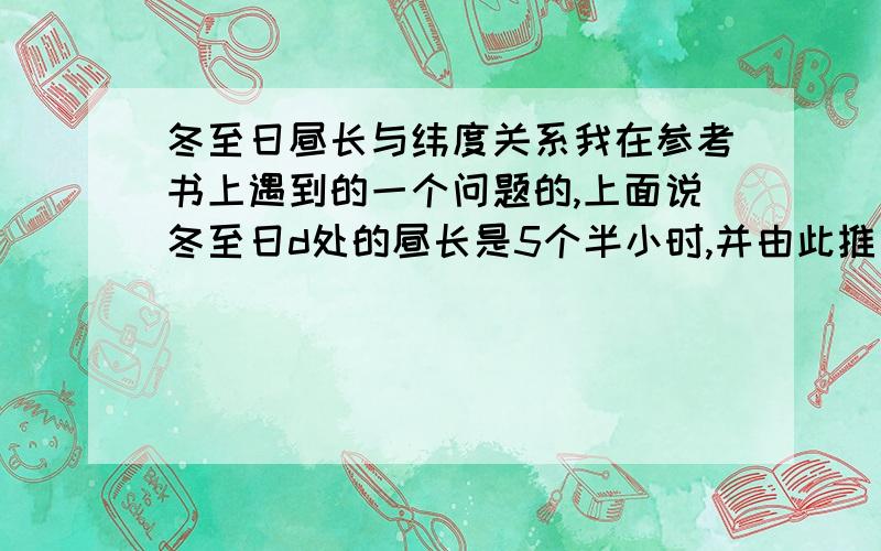 冬至日昼长与纬度关系我在参考书上遇到的一个问题的,上面说冬至日d处的昼长是5个半小时,并由此推出此地的昼长是北纬60度,这个地方我只知道冬至日北半球昼短,但是具体的纬度位置是怎