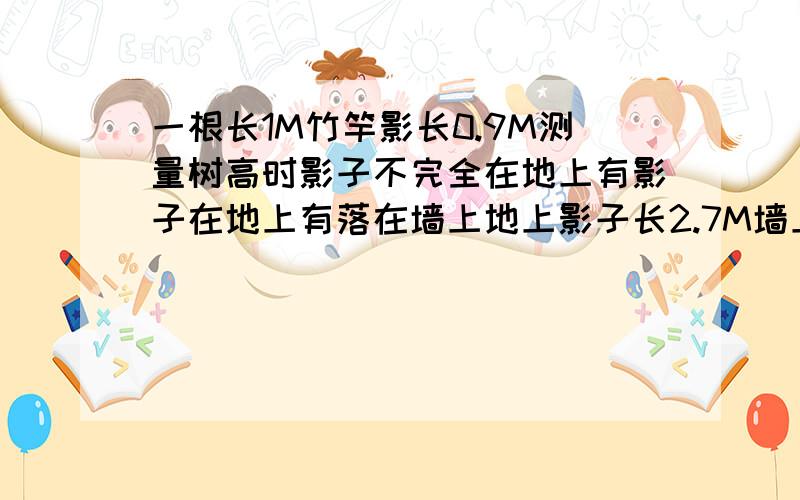 一根长1M竹竿影长0.9M测量树高时影子不完全在地上有影子在地上有落在墙上地上影子长2.7M墙上影子1.2M求树