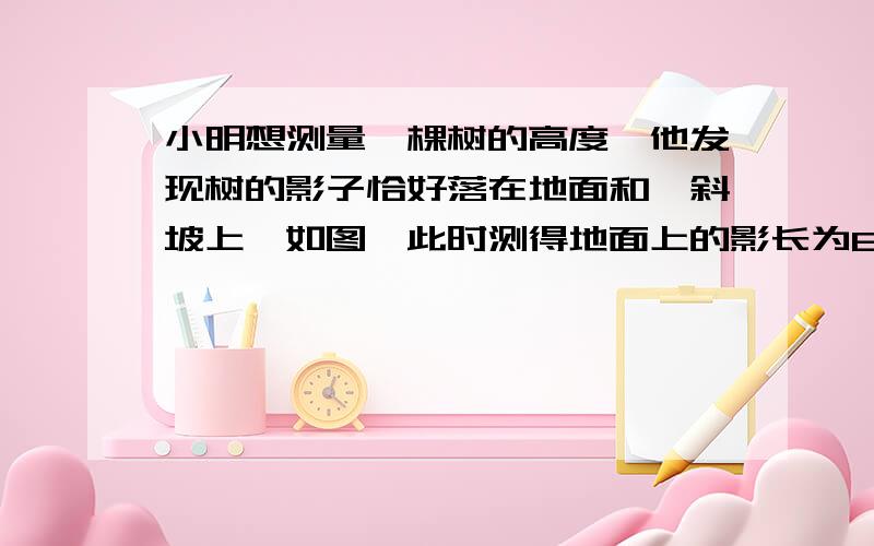 小明想测量一棵树的高度,他发现树的影子恰好落在地面和一斜坡上,如图,此时测得地面上的影长为8米,坡面上的影长为4米．已知斜坡的坡角为30°,同一时刻,一根长为1米、垂直于地面放置的标