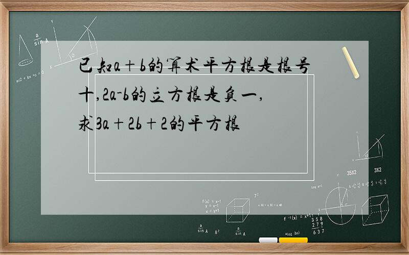 已知a+b的算术平方根是根号十,2a-b的立方根是负一,求3a+2b+2的平方根