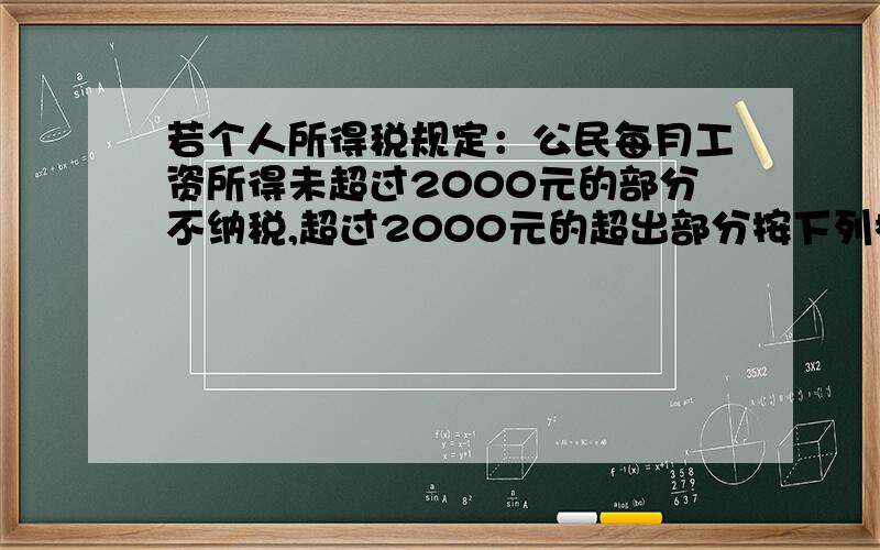 若个人所得税规定：公民每月工资所得未超过2000元的部分不纳税,超过2000元的超出部分按下列标准纳税：全月应纳税收入 税率不超过500元的部分 5% 500元-------2000元 10% 2000元------5000元 15%5000元