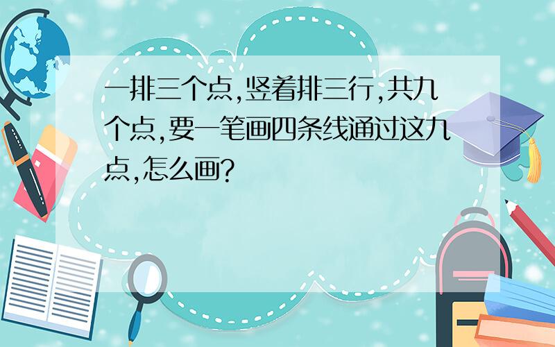 一排三个点,竖着排三行,共九个点,要一笔画四条线通过这九点,怎么画?