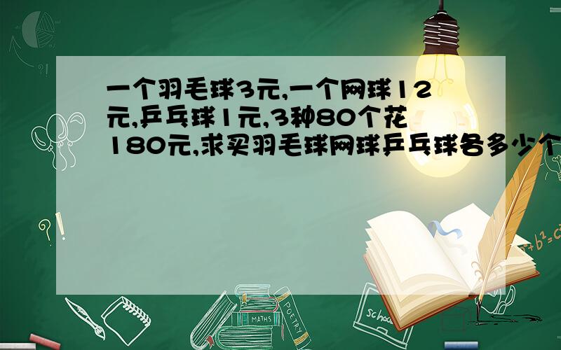 一个羽毛球3元,一个网球12元,乒乓球1元,3种80个花180元,求买羽毛球网球乒乓球各多少个?急,快