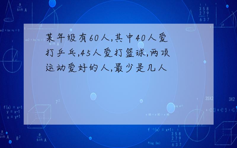 某年级有60人,其中40人爱打乒乓,45人爱打篮球,两项运动爱好的人,最少是几人