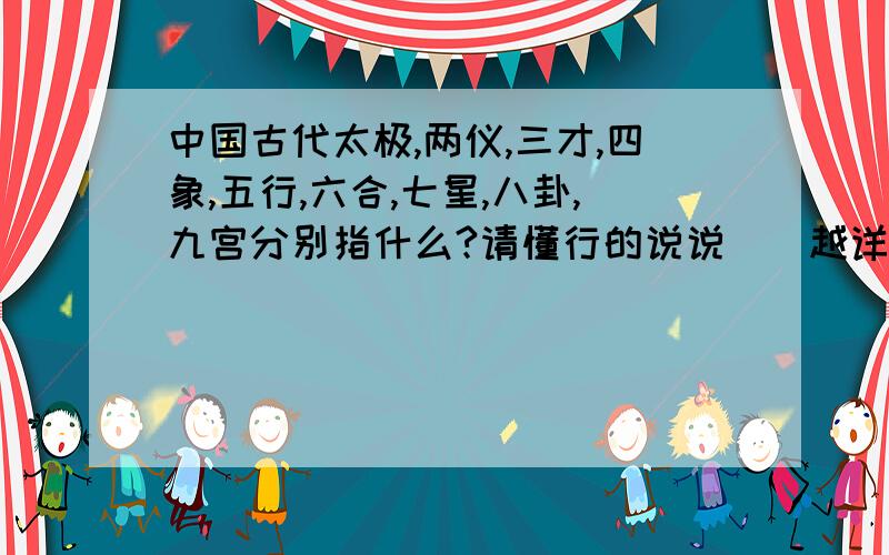 中国古代太极,两仪,三才,四象,五行,六合,七星,八卦,九宫分别指什么?请懂行的说说``越详细越好```附带传说故事最好啊```