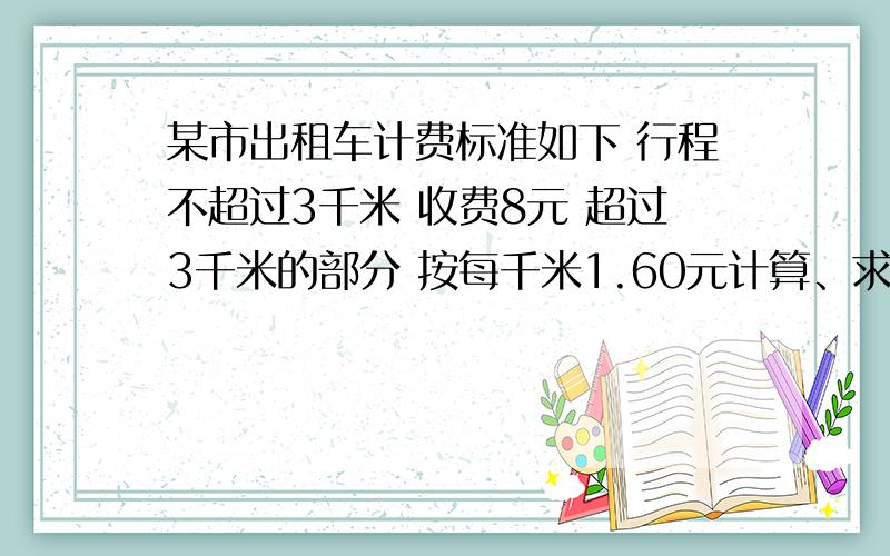 某市出租车计费标准如下 行程不超过3千米 收费8元 超过3千米的部分 按每千米1.60元计算、求函数图象,解析式会,图像是什么