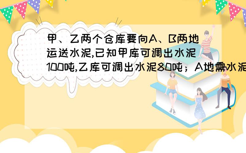 甲、乙两个仓库要向A、B两地运送水泥,已知甲库可调出水泥100吨,乙库可调出水泥80吨；A地需水泥70吨,B地需水泥110吨,两仓库到A、B两地的路程和运费如下表：路程（千米） 运费（元/吨*千米