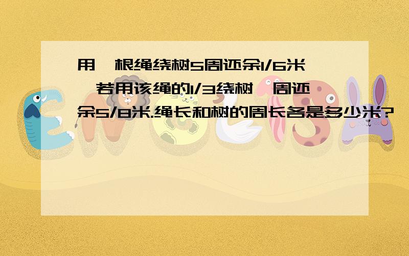 用一根绳绕树5周还余1/6米,若用该绳的1/3绕树一周还余5/8米.绳长和树的周长各是多少米?