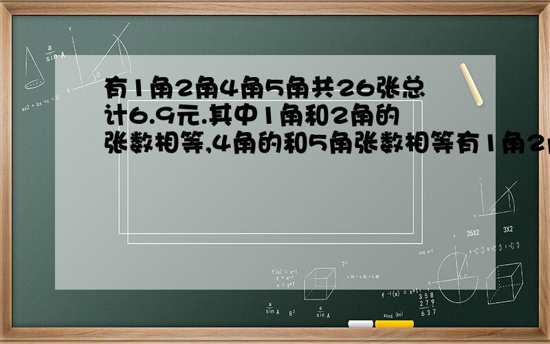 有1角2角4角5角共26张总计6.9元.其中1角和2角的张数相等,4角的和5角张数相等有1角2角4角5角共26张,总计6.9元.其中1角和2角的张数相等,4角的和5角张数相等,求各有多少张?最好要有过程 要横式